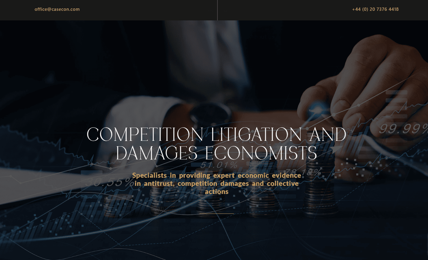 Later Case Associates homepage focused on competition litigation and damages economics