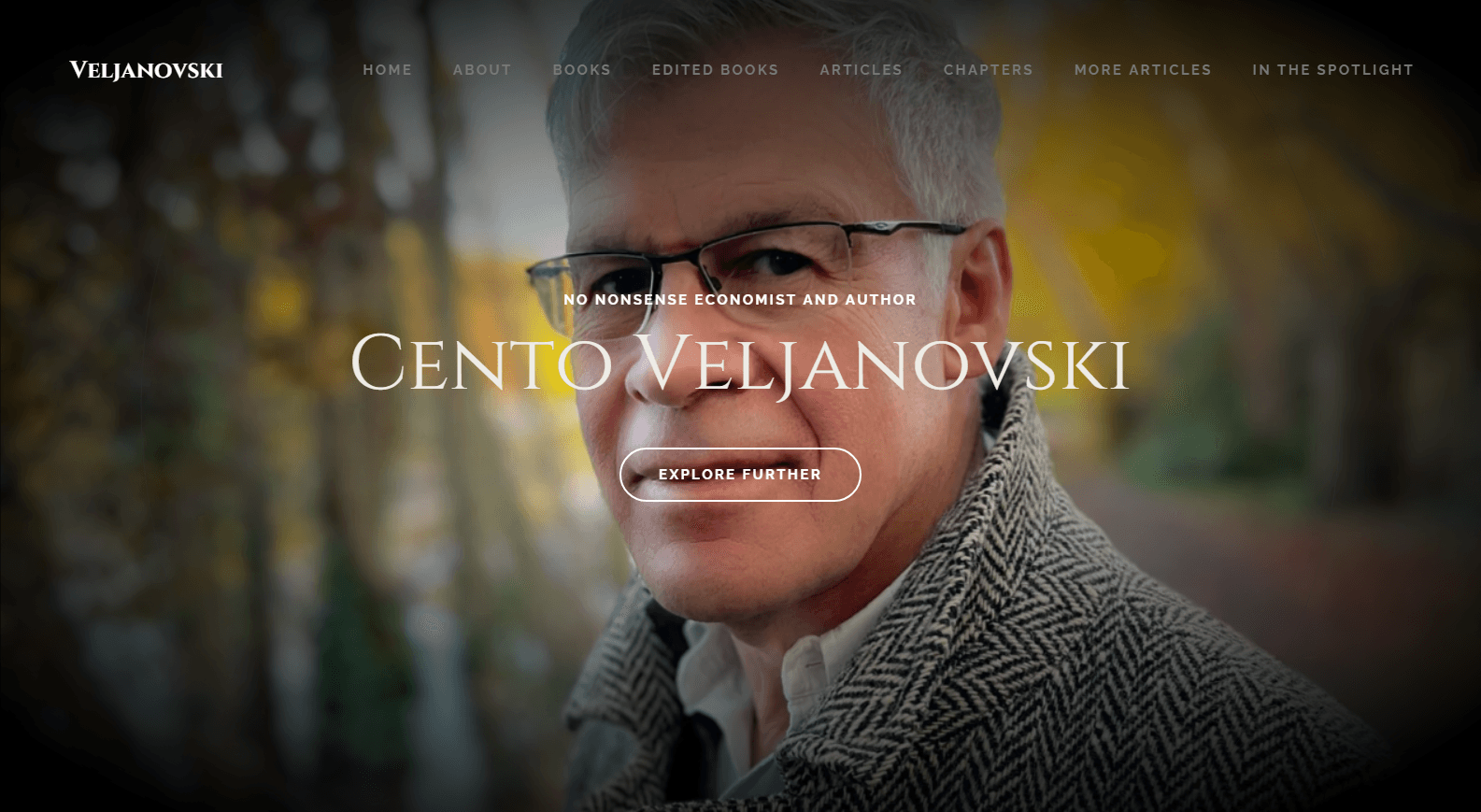 Cento Veljanovski portrait-led homepage with navigation to books, articles, chapters and other published work